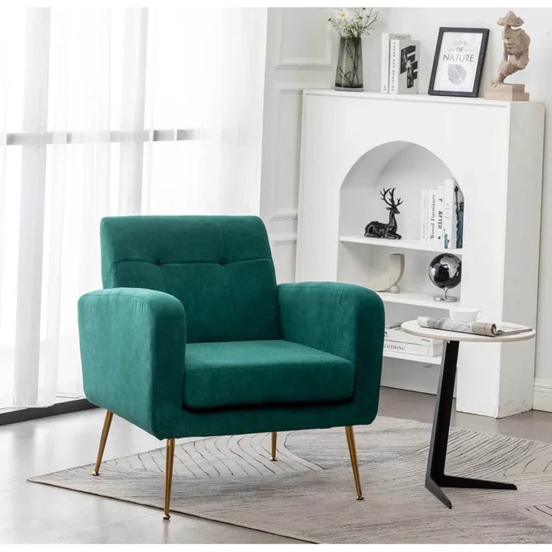 Emerald Green Tufted Velvet Lounge Chair with Gold Metal Legs – Luxury Accent Single Seater
