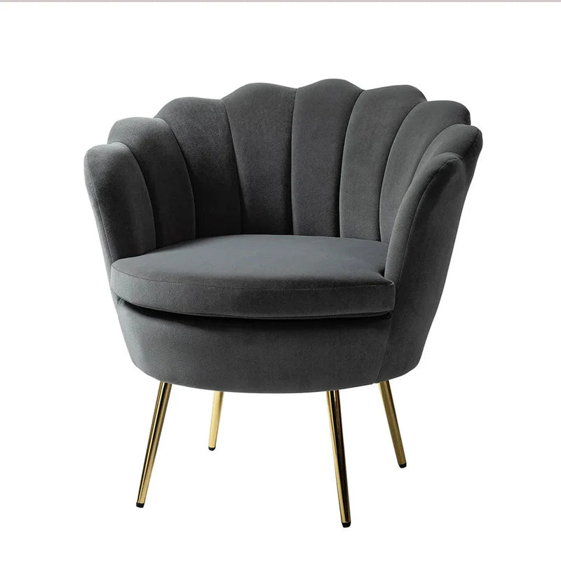 Grey Velvet Shell-Back Lounge Chair with Gold Legs – Luxury Accent Armchair for Living Room & Bedroom