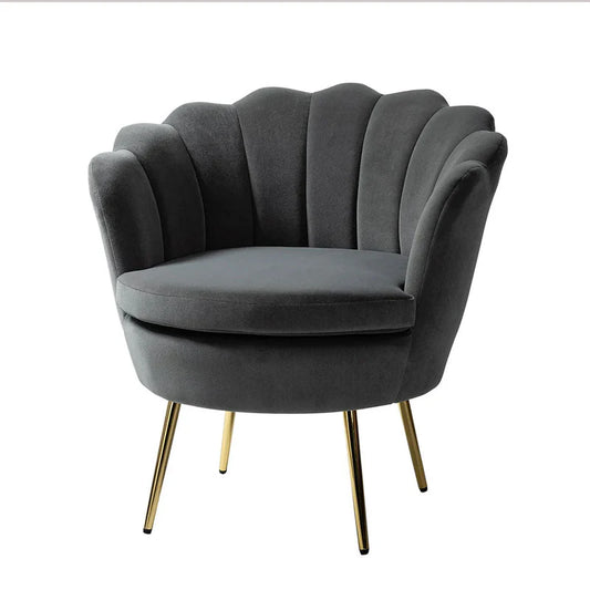 Grey Velvet Shell-Back Lounge Chair with Gold Legs – Luxury Accent Armchair for Living Room & Bedroom