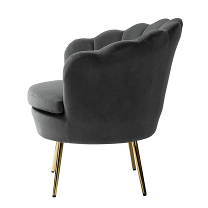 Grey Velvet Shell-Back Lounge Chair with Gold Legs – Luxury Accent Armchair for Living Room & Bedroom