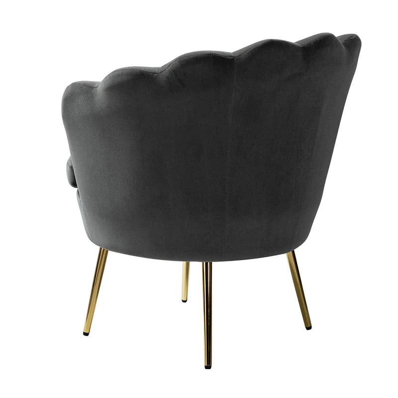 Grey Velvet Shell-Back Lounge Chair with Gold Legs – Luxury Accent Armchair for Living Room & Bedroom