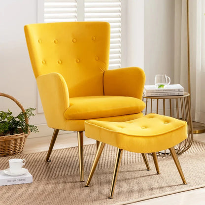 Luxury Tufted Yellow Lounge Chair with Ottoman – Velvet Accent Armchair with Gold Legs