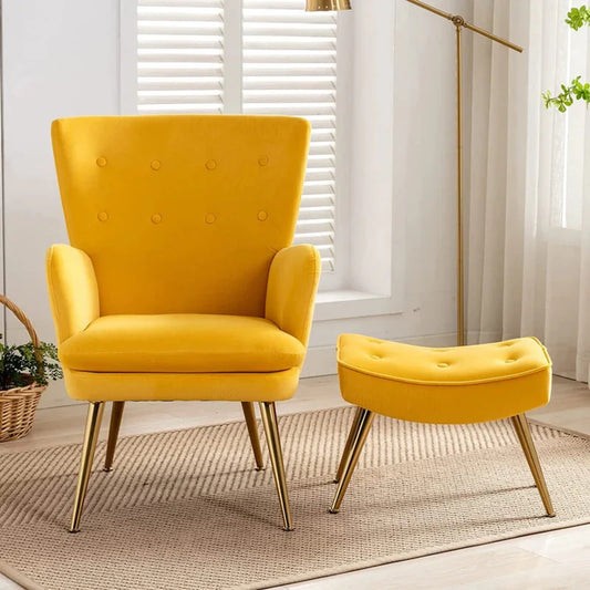 Luxury Tufted Yellow Lounge Chair with Ottoman – Velvet Accent Armchair with Gold Legs