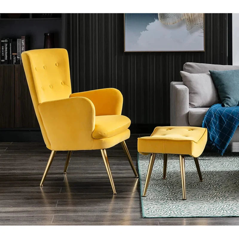 Luxury Tufted Yellow Lounge Chair with Ottoman – Velvet Accent Armchair with Gold Legs