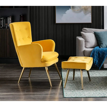 Luxury Tufted Yellow Lounge Chair with Ottoman – Velvet Accent Armchair with Gold Legs